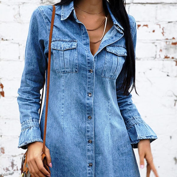 Långärmad jeansklänning Slim-Fit Lapel Dress Mode Blue L