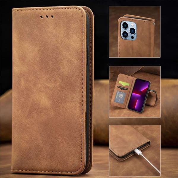 Etui til iPhone 15 Plus brun Flip Tilpasselig Multi-Model Wallet med Kortholder Slidstærk