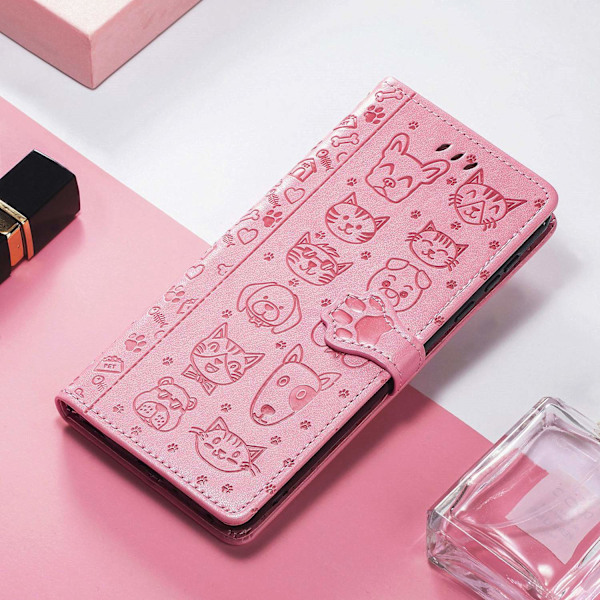 Etui til iPhone 15 Plus pink Hot sale kat og hund sødt 3D præget læder multiple Wallet med kortholder