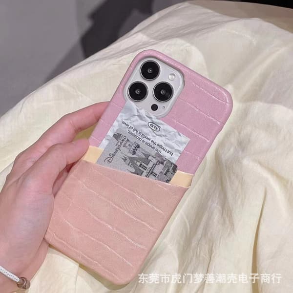 Etui til iPhone 14plus Lys pink+gul+pink Pung med kortholder Farveblokering Let luksus lædertekstur