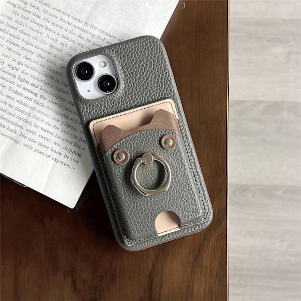 Etui til iPhone 13 Mini grått lær Søt Bjørn Pebbled