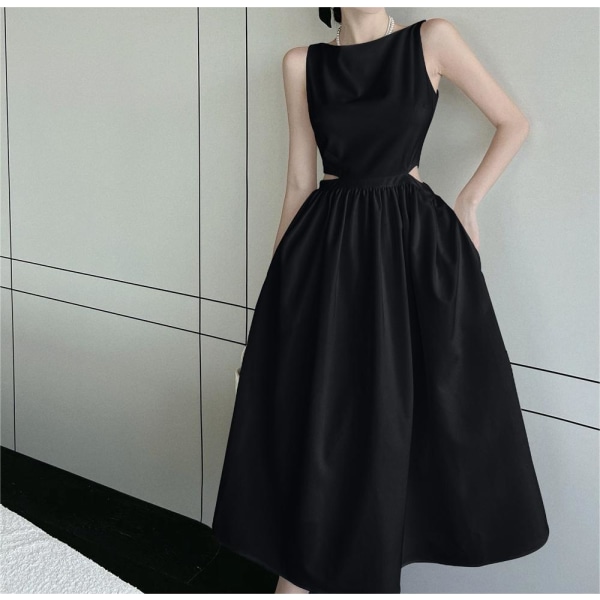 Fransk Hepburn stil vit kjol Midja-tight ihålig puffig lång kjol Black S