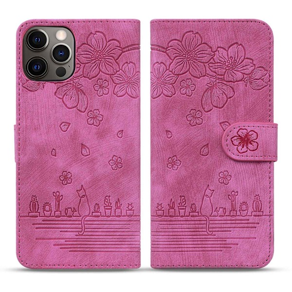 Etui til iPhone 15 Pro Max Rosarød Flip 3D Præget Tegnebog med Kortholder