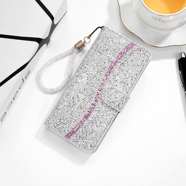 Fodral för iPhone 13 Mini silver Glitter Flip Diamond Plånbok med Korthållare