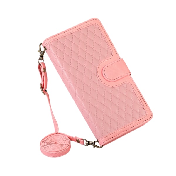 Etui til iPhone 14 Pro Max Rose gull snor diamant crossbody glidelås Lommebok med kortholder Flip