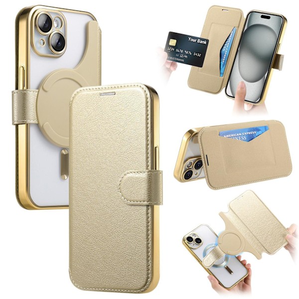 Etui til iPhone 16 Plus Gul elektropletteret magnetisk 2-i-1 læderetui Elektroplettering transparent Magnetisk Flip 2 i 1