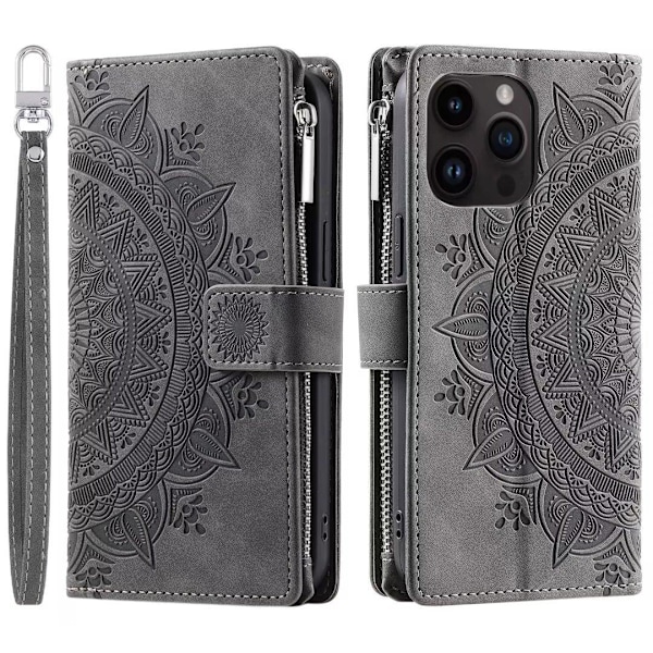 Etui til iPhone 14 Plus grå Multi-kort Totem Lynlås Flip Wallet med Kortholder