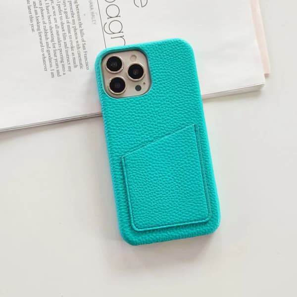 Etui til iPhone 15 Pro, søblå, pebble-tekstureret wallet med kortholder, klassisk halv pakke