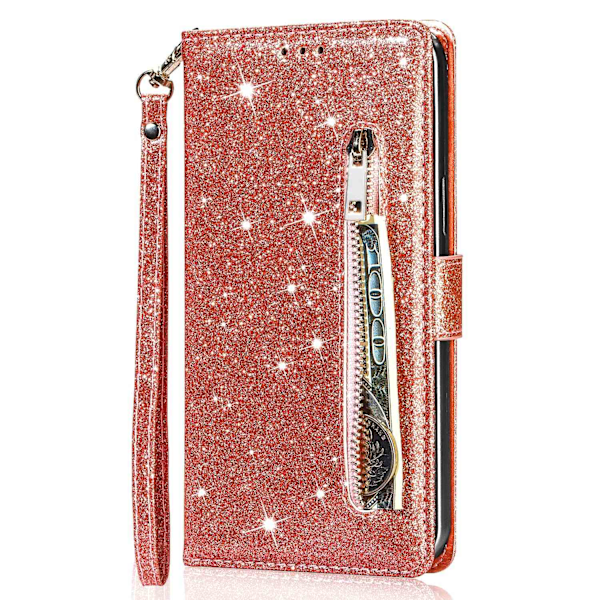 Etui til iPhone 13 Pro Flash rosaguld glitter lynlåsrem pung med kortholder