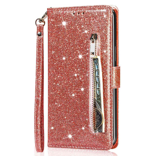 Etui til iPhone 13 Pro Flash rose gull glitter glidelås Lommebok med kortholder