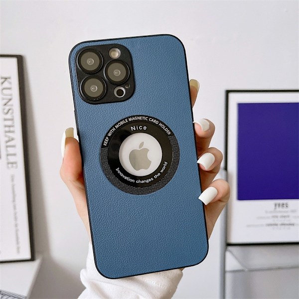 Fodral för iPhone 15ProMAX blått Magnetiskt Saknas Etikett Pebble-läder Linsskydd Heltäckande