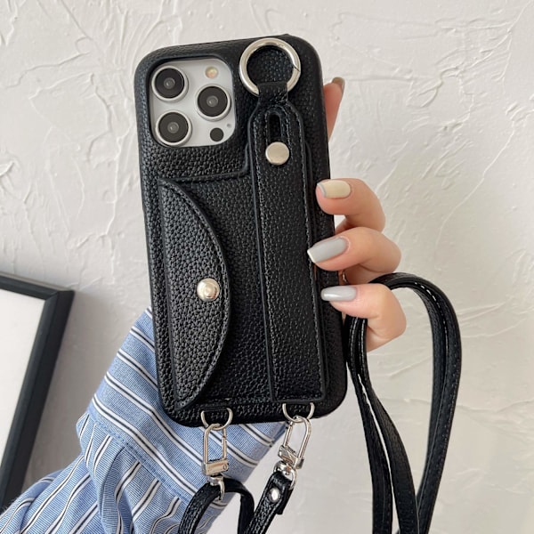 Etui til iPhone 13 Pro kortholder håndledsrem crossbody sort læder kortholder, håndleds crossbody