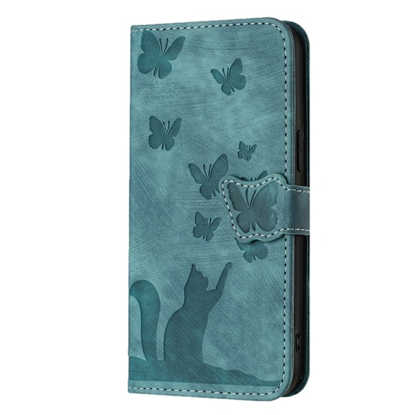 Etui til iPhone 15PRO Grøn-Præget Sommerfugl Kat Læder Etui Sommerfugl Kat 3D Præget Flip Wallet med Kortholder