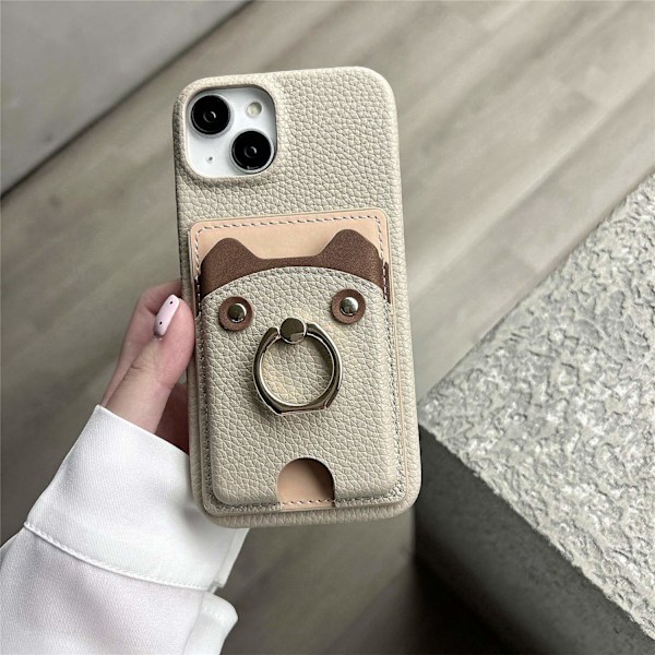 Etui til iPhone 16 Pro Max Khaki Lær Søt Bjørn Småstein