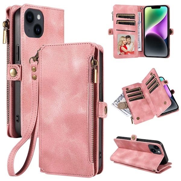 Etui til iPhone 15 Pro MAX Pink Flip lynlås Wallet med kortholder