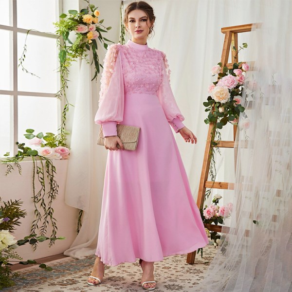 Fashion Applique Bubble långärmad klänning med stor fåll Pink L