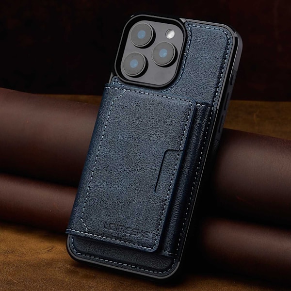 Etui til iPhone 15 Pro Max blå business Magnetisk kortholder stativ RFID-blokering