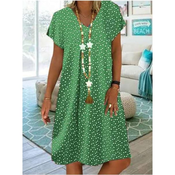 Casual kortärmad V-ringad topp polka dot hjärtform printed klänning för kvinnor Green S