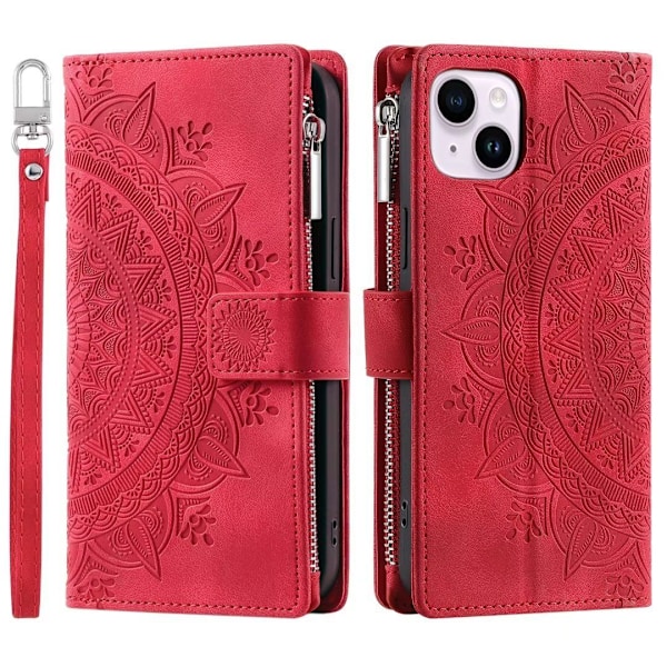 Etui til iPhone 13 Pro rød Multi-kort Totem Lynlås Flip Wallet med Kortholder