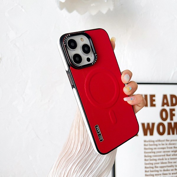 iPhone 15 Pro -kotelo, punainen nahka, magneettinen kontrastiväri