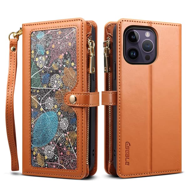 Etui til iPhone 14 Pro Max Brun + armbånd Mixed Media Flip Crossbody Multi-kort Lynlås Malet