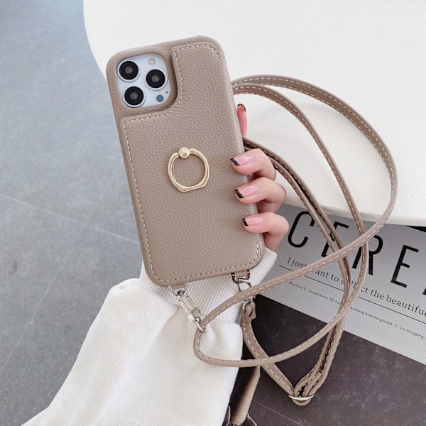 Kotelo iPhone 15pro MAX -puhelimelle, kaksiosainen kauneuspeili, khaki-värinen crossbody-kaulanauha, kivikuvioinen lompakko korttipidikkeellä, kauneuspeili crossbody-hihnalla