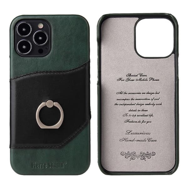 Etui til iPhone 13 6,1 tommer Sort+Grøn Pung med Kortholder Ring Spænde