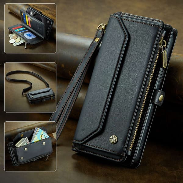 Etui til iPhone 14 Pro, sort Crossbody lynlås pung med kortholder flip