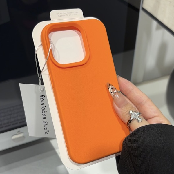 Fodral för iPhone 14pro Lychee-mönster Aima orange + kort läderrep [vit] Enkelt band Pebbled mjukt