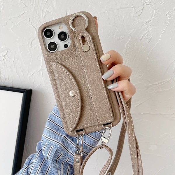 Etui til iPhone 13 Khaki crossbody kortholder håndledsrem Læder kortholder, håndleds crossbody