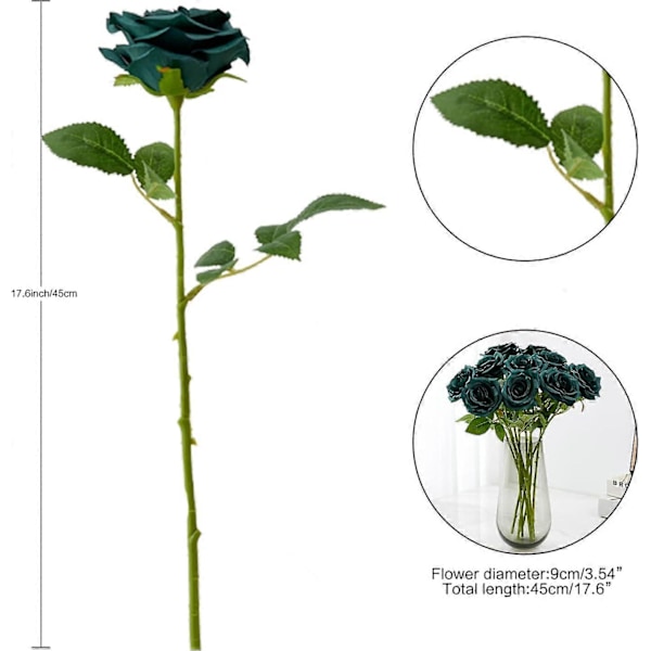 Kunstig Rose 10 stk. Åben Blomsterbuket Falske Rosestængler Falske Silke Blomster (Brændt Orange) Emerald Green
