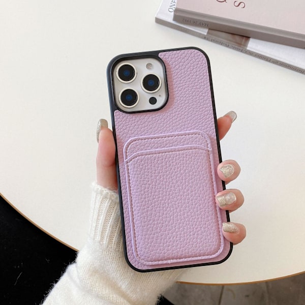 Etui til iPhone 13/14 Lilla litchi mønster kort Pebbled læder tekstur Wallet med kortholder
