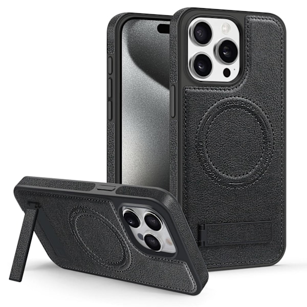 Etui til iPhone 15PRO Klassisk Sort læder stand krystal skjold Magnetisk