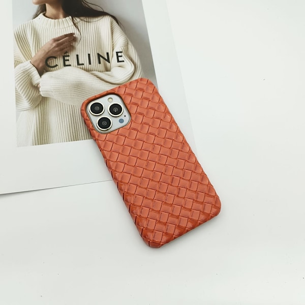Kotelo iPhone 13promaxille, oranssi väri, kudottu nahkarakenne on kostea ja kova