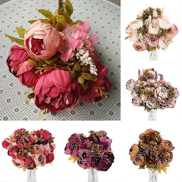 1 Buket 13 Hoveder Kunstig Pæon Silkeblomst Bryllupsfest Hjem Dekoration Dark Pink