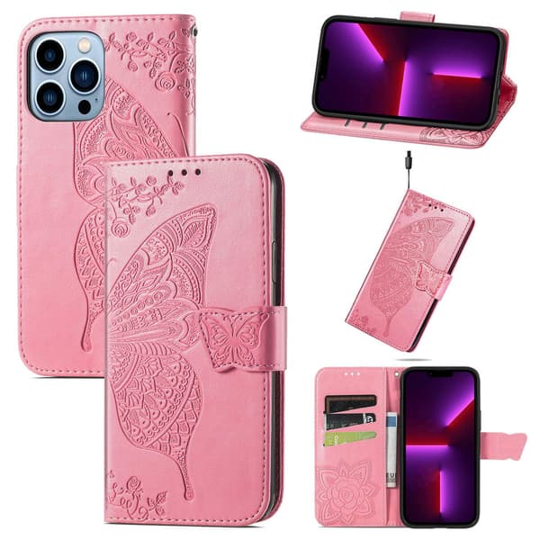 Etui til iPhone 13 Pro Rosa Flip 3D-preget lær