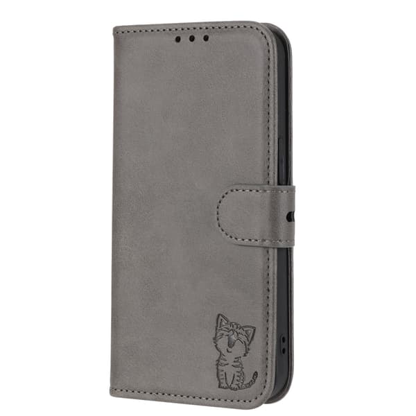Kotelo iPhone 15 6.1 harmaa Kissan kohokuvioitu sarjakuva Flip Plain