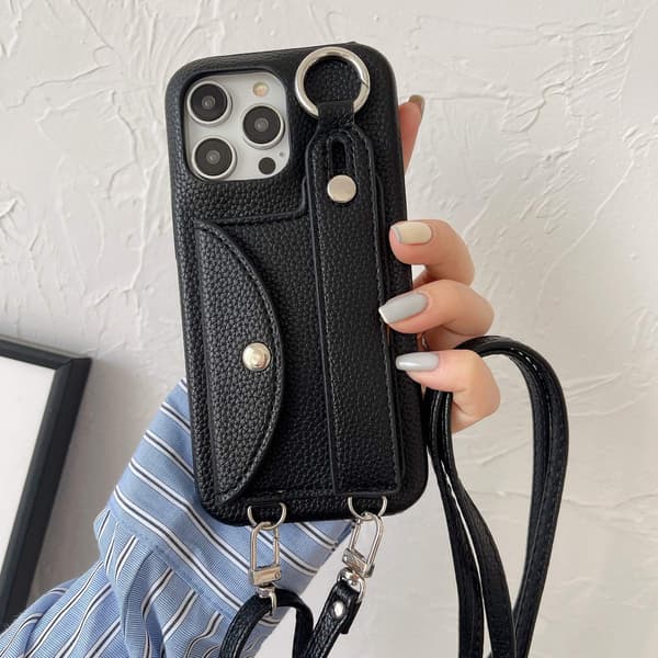 Etui til iPhone 16plus Kortholder Håndledsrem Crossbody Sort Læder kortholder, håndleds crossbody