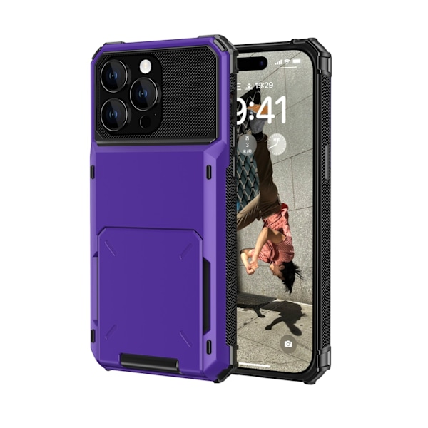 iPhone 16 Plus -puhelimen violetti suojakotelo, jossa on korttipidike
