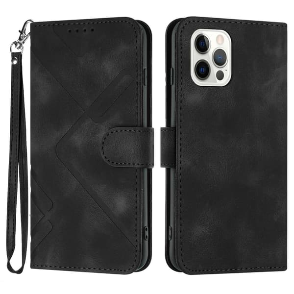 Etui til iPhone 13 Pro MAX svart preget lommebok med kortholderstativ Soft-Touch