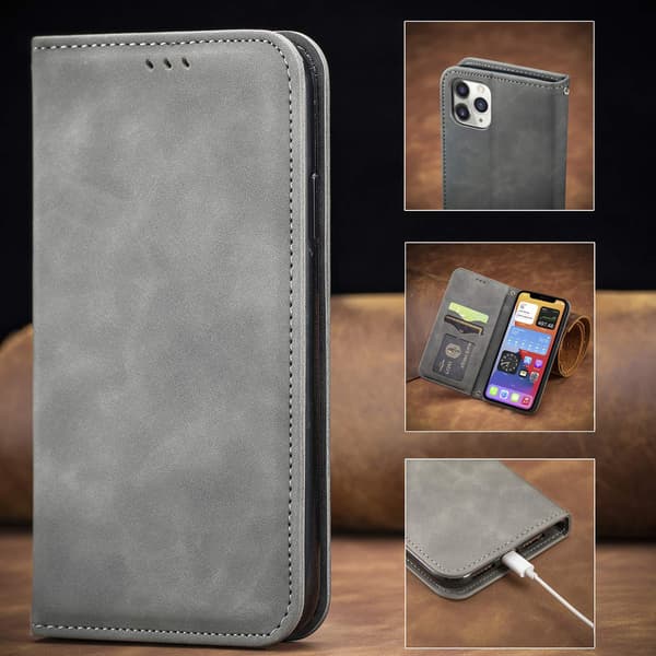 Etui til iPhone SE 2024 grå Flip Wallet med kortholder magnetisk