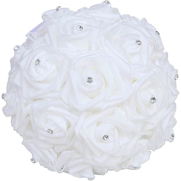 En gul bukett för brudtärnor med diamantmjukt band, konstgjorda PE-rosor för bröllop (Diameter: 21 cm H: 25 cm)
