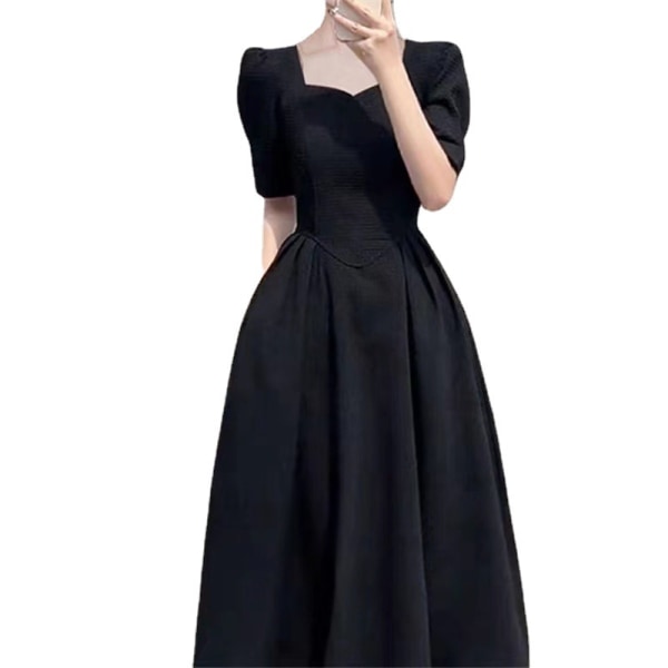 Klänning med fyrkantig krage i västerländsk stil med puffärm i midja Black L