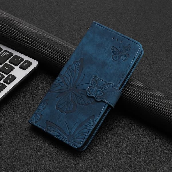 Etui til iPhone 14 PLUS blå sommerfugl 3D-preget lommebok med kortholder