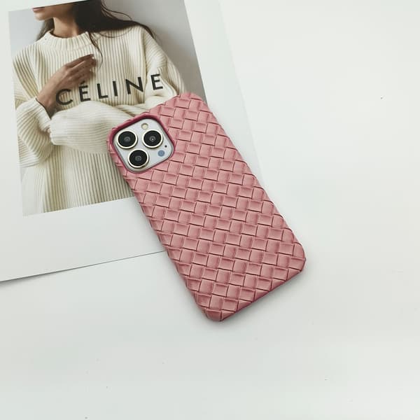 Etui til iPhone 14plus Pink Vævet lædertekstur er fugtig og hård