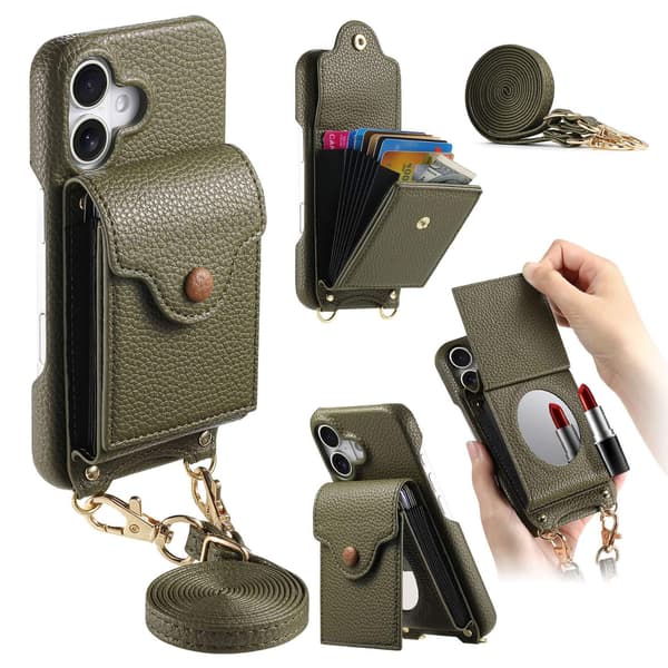 Fodral för iPhone 16pro Midnattsgrön Pebbled Stor Dragspels Sminkspegel Crossbody Rem
