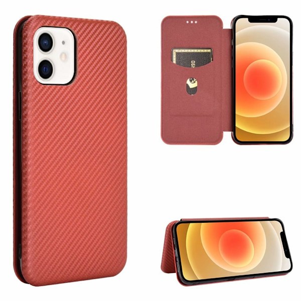 Kotelo iPhone 16 Plus -puhelimelle, ruskea hiilikuituinen lompakkokotelo korttipidikkeellä ja magneettilukolla