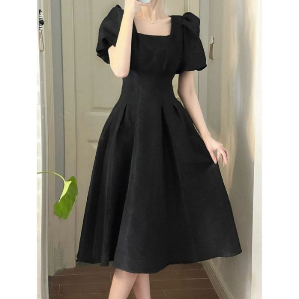 Lång klänning Kvinnors fyrkantig krage midja slimmande nyckelben kortärmad klänning Black #838 M