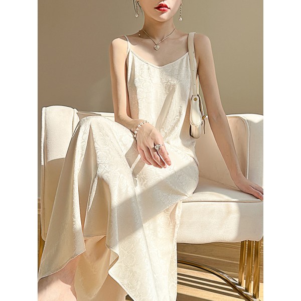Triacetat hängselklänning Basklänning för kvinnor i siden med printed klänning Beige apricot 2XL