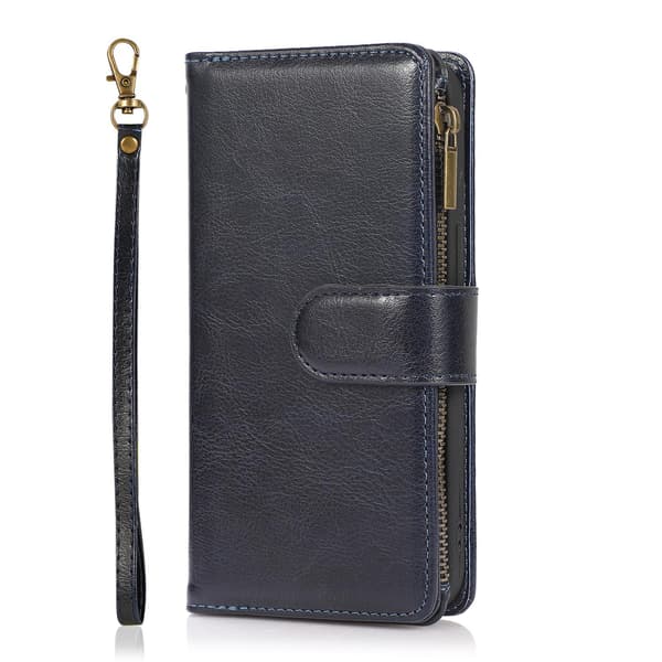 Etui til iPhone 13 Pro, blå Crazy Horse lynlås flip wallet med kortholder